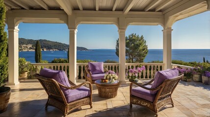 Fototapeta premium Indoor leisure furniture set with stunning water views