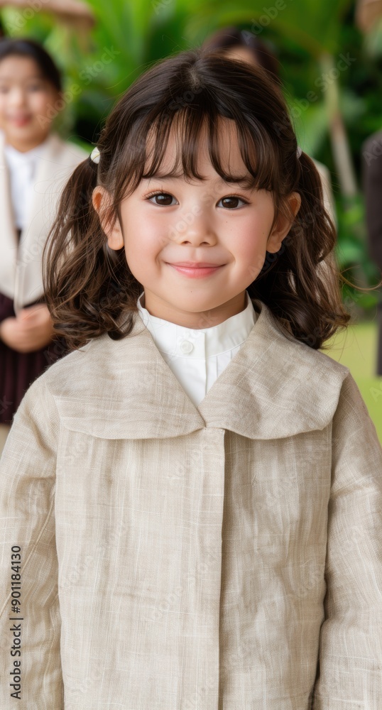 Poster young girl with curly hair in beige coat smiling