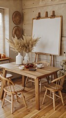 A rustic wooden table is set with various items, including a framed whiteboard, pottery, and small decorative objects.