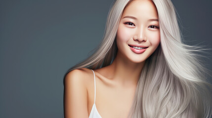 Naklejka premium Portrait of a beautiful, sexy, smiling, happy Asian blonde woman with long hair and perfect skin, dark blue background, banner.