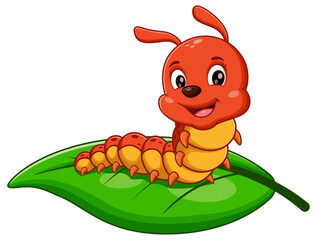 Smiling caterpillar on green leaf, happy, cartoon style. Perfect for children books, educational materials, nature themed designs, and animation projects.