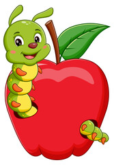 Smiling green caterpillar inside a red apple with leaf. Perfect for children books, nature magazines, educational materials. Vector illustration