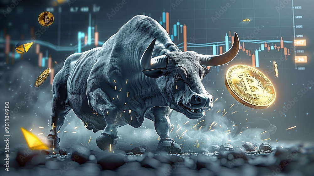 Wall mural Bull and Bitcoin Running in Front of Stock Market Curve, Symbolizing Cryptocurrency Growth in Bull Market, Cryptocurrency Investment and Trading Market Trends and Analysis Background