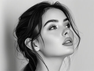 isolated reference photo on a plain white background, black and white side profile portrait of intriguing 35 year old woman set on plain white background, close up 