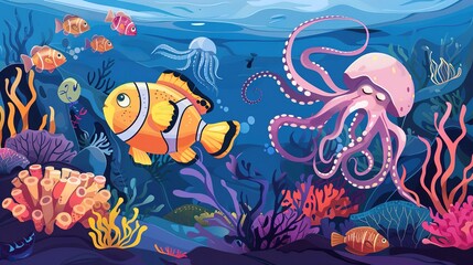 Obraz premium Underwater Scene with a Friendly Clownfish, Gentle Jellyfish, and Playful Octopus in a Colorful Coral Reef