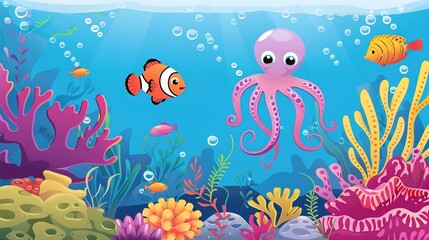 Underwater Scene with a Friendly Clownfish, Gentle Jellyfish, and Playful Octopus in a Colorful Coral Reef