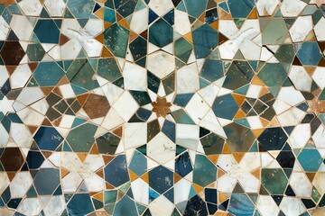 Timeless persian mosaic art featuring geometric designs in a square format showcasing ceramic tiles in blue, cyan, brown, and white - customizable layout for text insertion