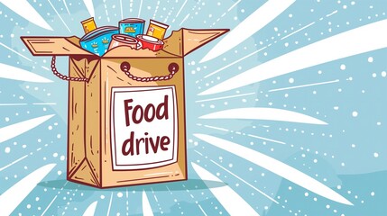 Illustration of a Grocery Bag Full of Canned Food with Text Food Drive