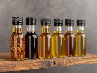 Collection of gourmet oil bottles displayed on a rustic wooden shelf, perfect for culinary and food photography.