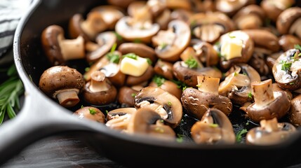 Fototapeta premium Deliciously sauteed mushrooms in a skillet, garnished with herbs for a savory dish perfect for any meal.