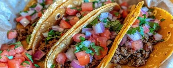 Delicious tacos filled with seasoned meat and fresh toppings, perfect for any meal or celebration, showcasing vibrant flavors.
