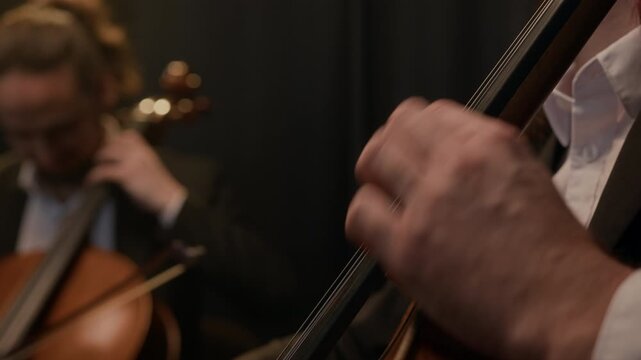 Tilt shot of professional string quartet in elegant black outfits performing music on dark background