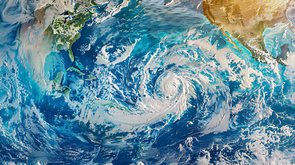 Double exposure of a satellite view of ocean currents with weather patterns, illustrating El Niño and La Niña's influence on global climate
