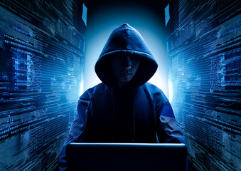 フードを被った人物とサイバー犯罪イメージ