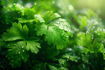 みずみずしいイタリアンパセリの葉のクローズアップ/Close-up of Fresh Italian Parsley Leaves/Gro&szlig;aufnahme von frischen italienischen Petersilienbl&auml;ttern