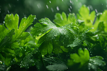 みずみずしいイタリアンパセリの葉のクローズアップ/Close-up of Fresh Italian Parsley Leaves/Gro&szlig;aufnahme von frischen italienischen Petersilienbl&auml;ttern