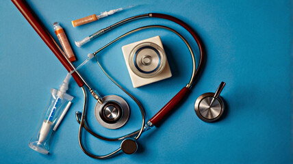National Immunization Awareness Month -Overhead view of stethoscope, syringe, and medical mask arranged on a blue background