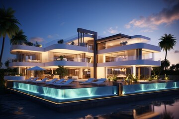 Exterior shot of a contemporary luxury villa with illuminated pool at dusk