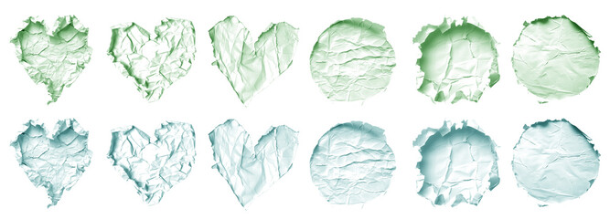 Collection set of pastel light green turquoise crumpled crushed scrunched tear torn paper heart love, circle round shape on transparent cutout PNG. Many different design. Mockup template artwork