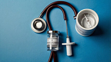 National Immunization Awareness Month -Overhead view of stethoscope, syringe, and medical mask arranged on a blue background