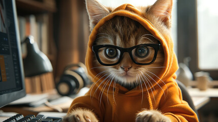A cat wearing glasses and a hoodie sits at a desk, working on a computer