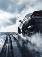 Black sports car on snowy road