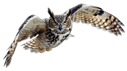 Fototapeta premium Flying Left Side Serious Owl on a White Background: Detailed and Majestic Illustration