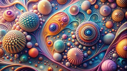 Vibrant and detailed abstract illustration featuring colorful organic patterns and spherical shapes.