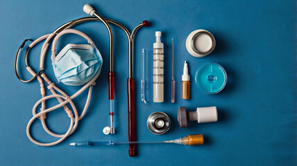 National Immunization Awareness Month -Overhead view of stethoscope, syringe, and medical mask arranged on a blue background