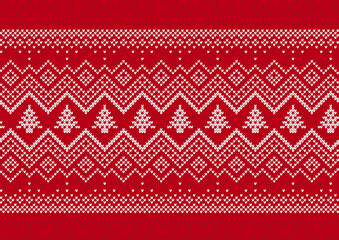 Christmas seamless knit background with trees. Xmas geometric ornament. Holiday red pattern. Knitted sweater print. Fair isle traditional texture. Vector.