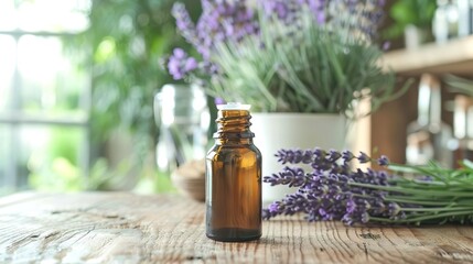 Essential oil bottle with a lavender plant in the background.