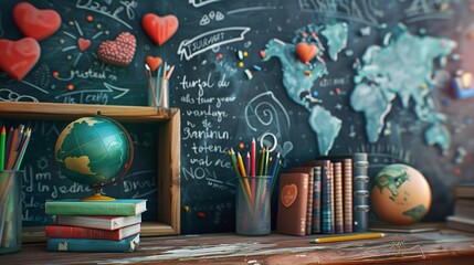 A dark background with colorful doodles and icons of school