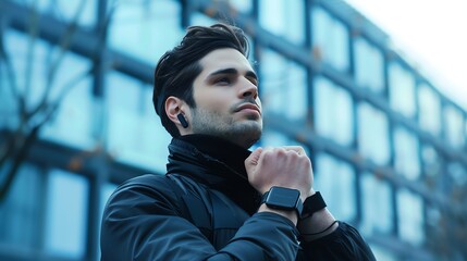 A man in a black jacket adjusts his smartwatch in front of a building.