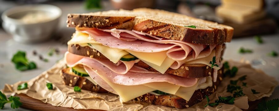 A delicious sandwich stacked with layers of ham, cheese, and fresh vegetables on whole grain bread.