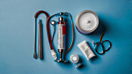 National Immunization Awareness Month -Overhead view of stethoscope, syringe, and medical mask arranged on a blue background