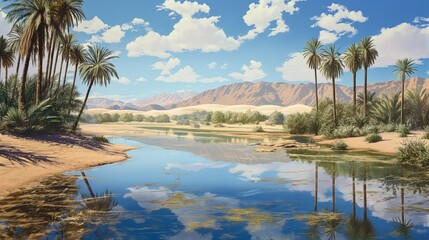 lake and mountains, sunset over the lake, dessert, oasis, lake and trees, palm trees