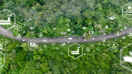 Aerial view of car in green forest with icons representing eco-friendly transport. Clean and greenhouse-free green transport concept in electric drive mode.