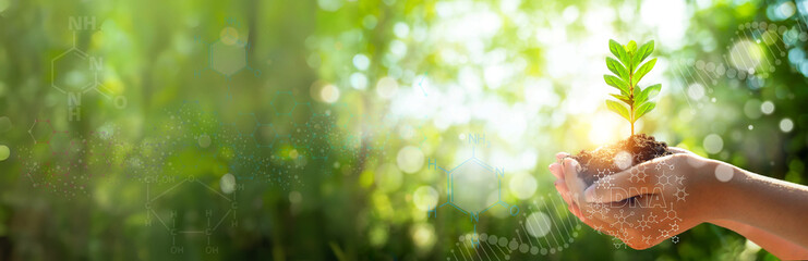 Nature and science biology laboratory, plants with biochemical structures and chemical formulas on...