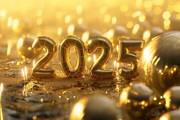 new year, "2025" text, happy new year! bright golden background, typography