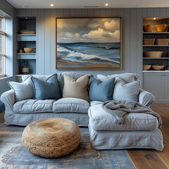Designer Living Space with a Moon-Grey Sofa and Sky Blue Cushions