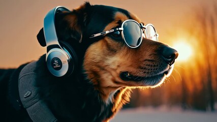 Dog wearing headphones and glasses, funny pet listening to music concept