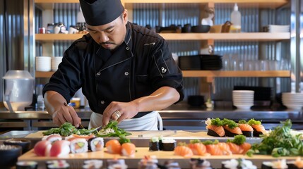 Obraz premium A chef in a black uniform prepares sushi in a restaurant.