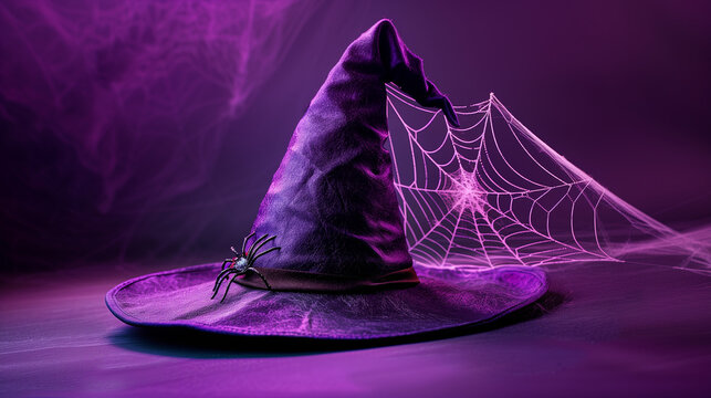 Black witch hat with purple spiderweb design on a purple background