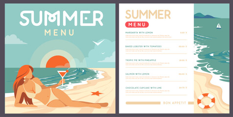 Retro flat summer menu design with beautiful girl in swimsuit on tropic beach background. Vector illustration