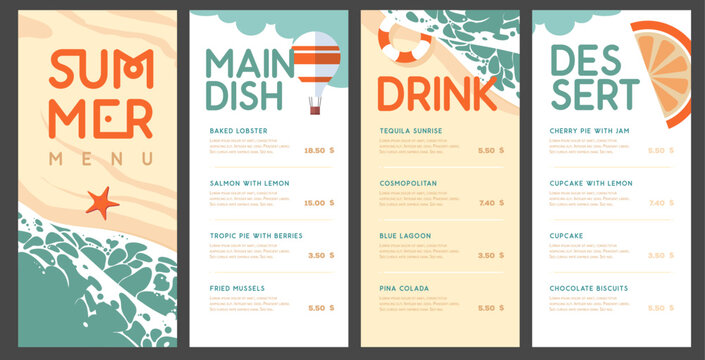 Vintage summer menu design with top view ocean waves, sand beach and starfish. Vector illustration