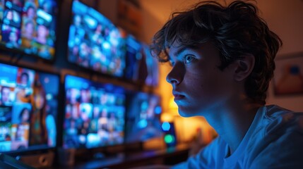 Obraz premium Digital Overload - Teenage Boy Engrossed in Screens with Tense Expression and Blue Light Illumination in Dim Room