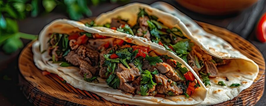 Delicious taco filled with seasoned meat, fresh herbs, and vibrant vegetables on a wooden plate. Perfect for food lovers and culinary art.
