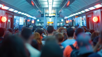 Modern Urban Isolation: Crowded Subway Commuters Engrossed in Screens Under Harsh Fluorescent Lights