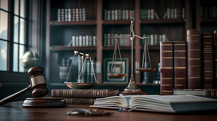 Scales, gavel, and law books on wooden table dark office soft lighting