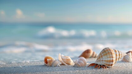 Hermit crab finding new shell among colorful seashells on secluded beach, waves gently crashing, tranquil and picturesque.